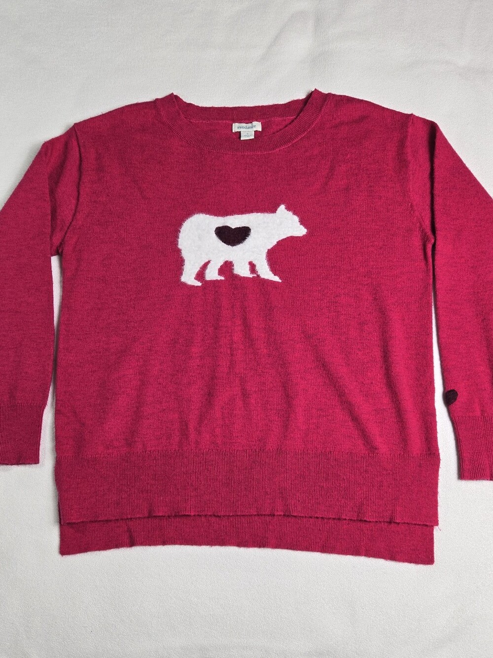 Sundance Fuchsia Bear Heart Wool Blend Crewneck Sweater, Size Small